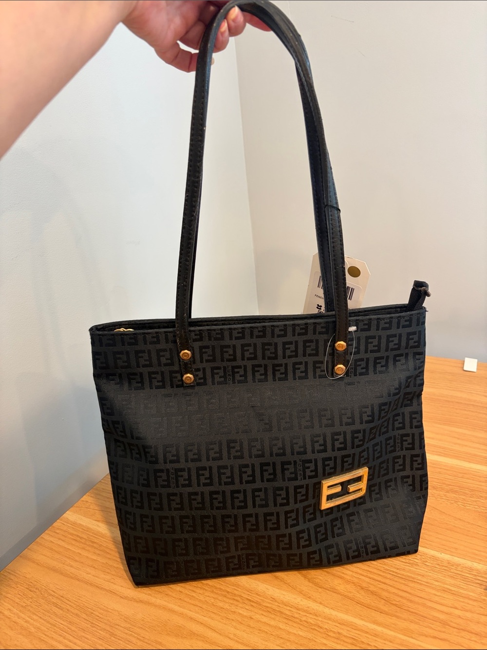 Fendi Black FF Logo Jacquard Shoulder Tote with Gold Accent